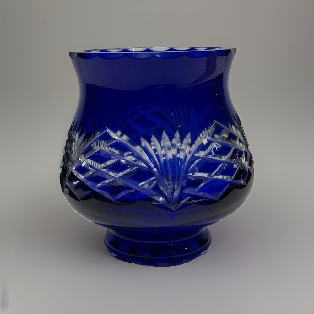 Vtg Bohemian Czech Cobalt Blue Cut to Clear Crystal Votive Candle Holder 3.5"